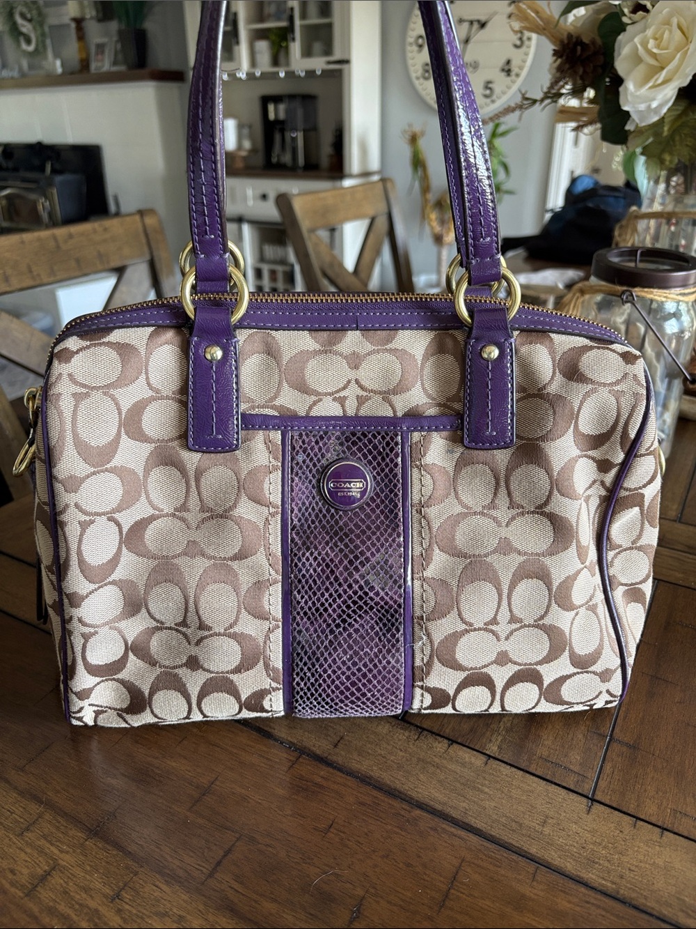 Coach Beige Signature Satchel with Purple Trim